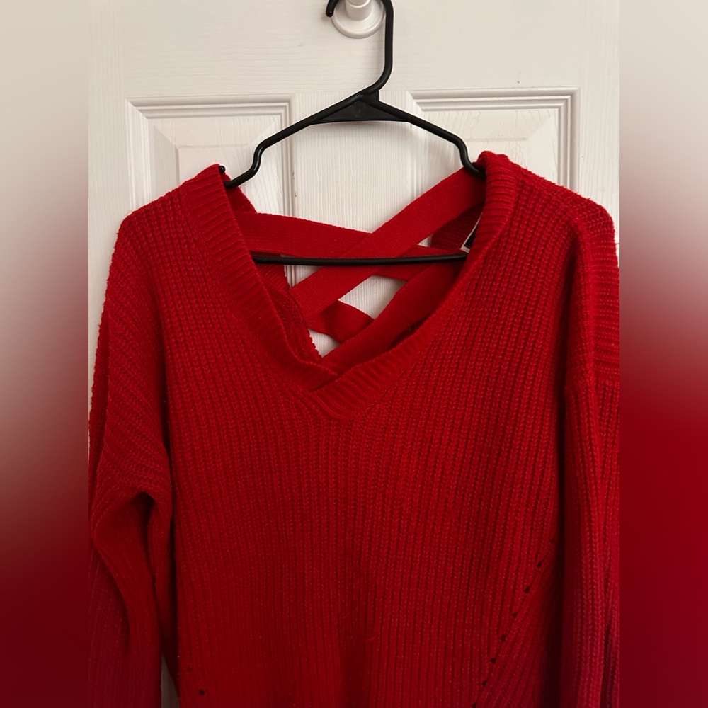 Red Crisscross Back Knit Sweater-size M - Picture 2 of 4